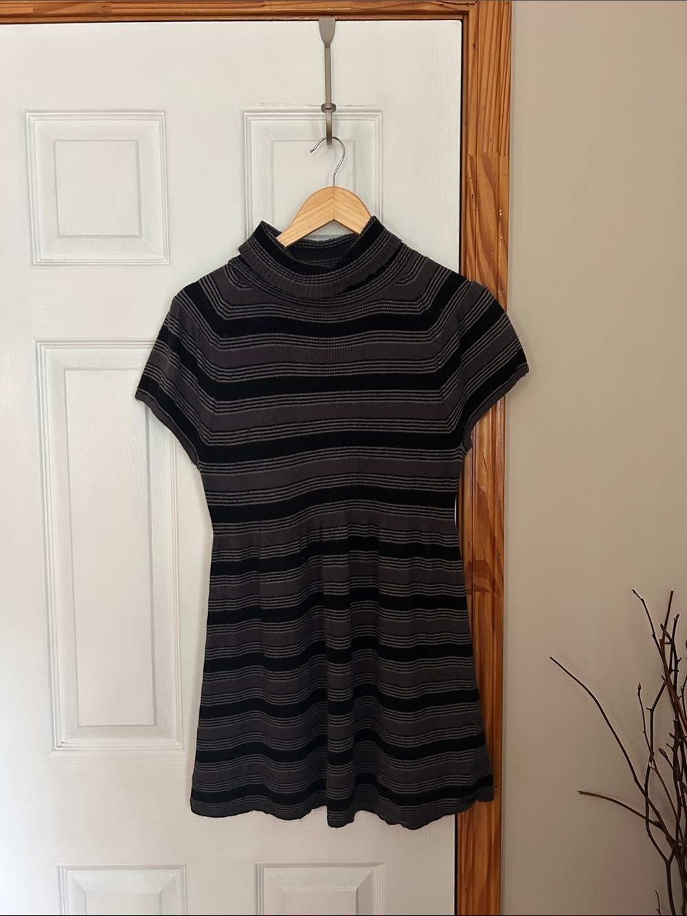 Striped Mock Neck tunic in Black and Gray by Calvin Klein